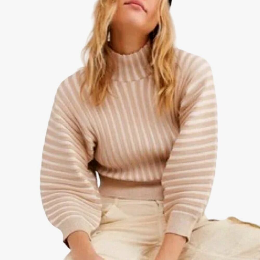 Free People M Womens Beige Mad Chill Ribbed Knit Turtleneck Dolman Stretch